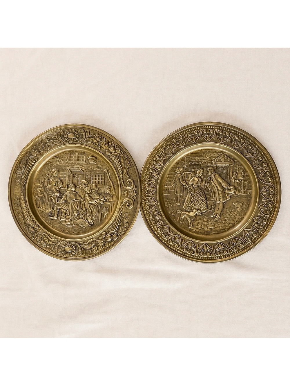Vintage Peerage Brass Wall Plates Set of 2 England Embossed Tavern Scenes